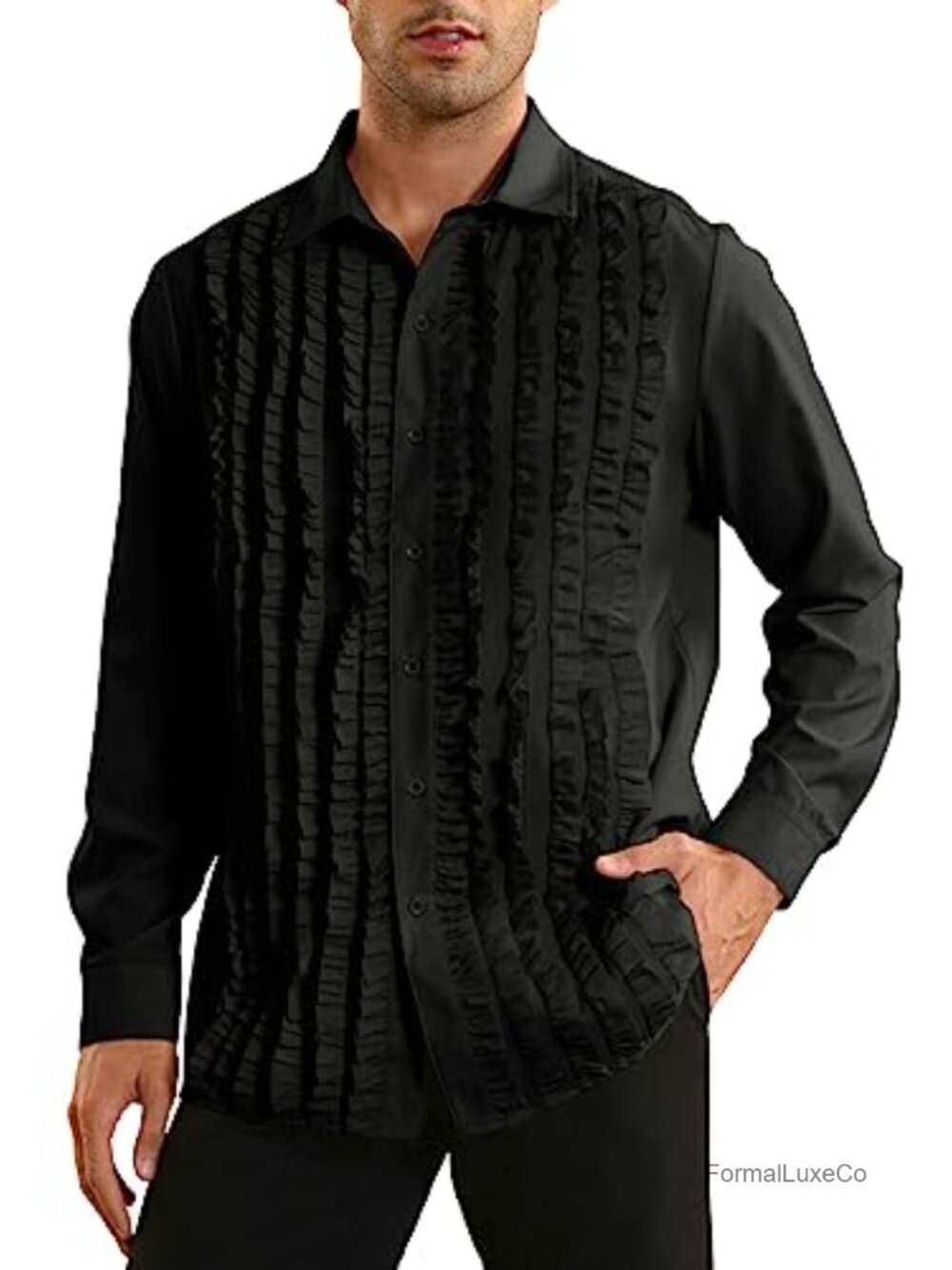 Mens Ruffled Tuxedo Shirt 80s Prom Button Down Long Sleeve Pleated Top